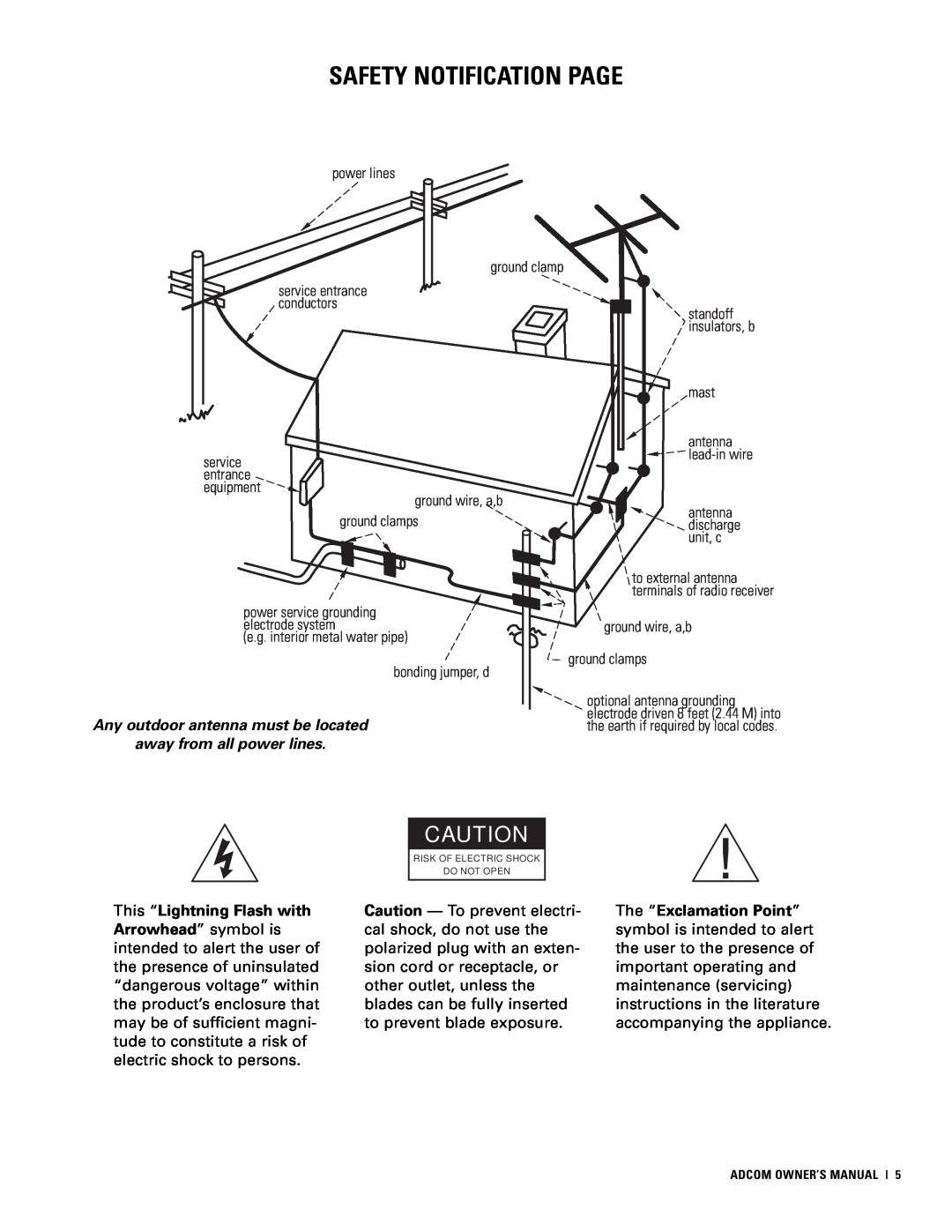 Adcom GTP-830 owner manual Safety Notification Page, Any outdoor antenna must be located, away from all power lines 