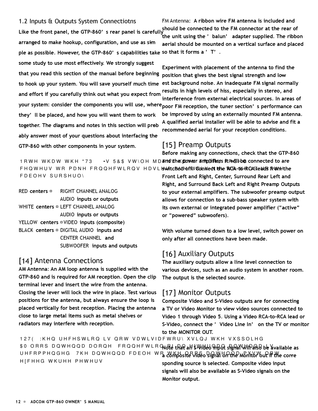 Adcom GTP-860 owner manual Antenna Connections, Preamp Outputs, Auxiliary Outputs, Monitor Outputs 