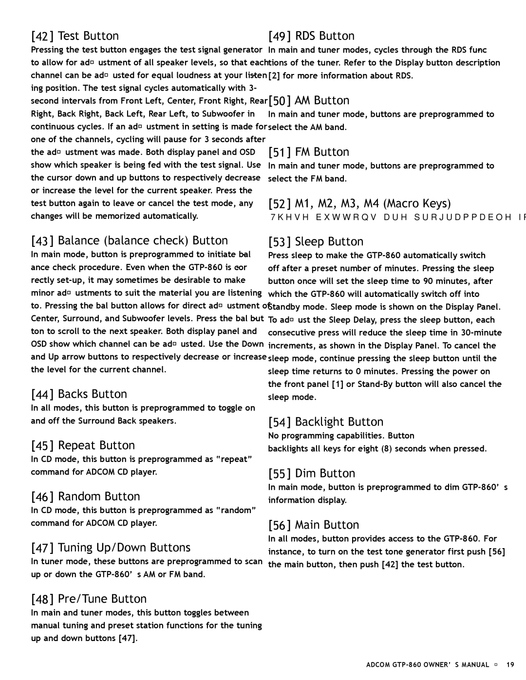 Adcom GTP-860 Test Button, Balance balance check Button, Backs Button, Repeat Button, Random Button, 48 Pre/Tune Button 