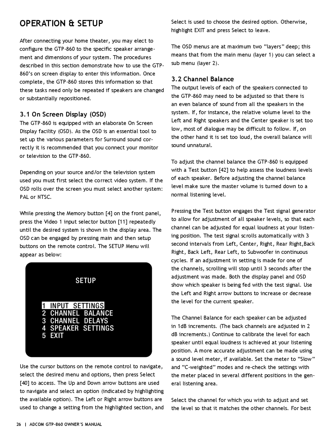 Adcom GTP-860 owner manual On Screen Display OSD, Channel Balance 