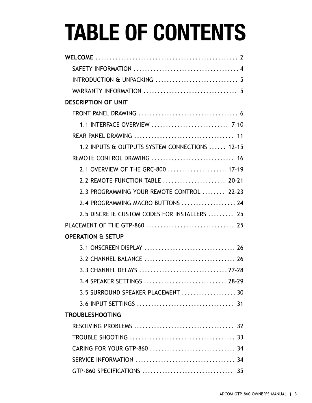 Adcom GTP-860 owner manual Table of Contents 