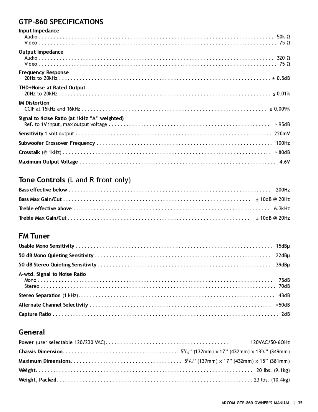 Adcom GTP-860 owner manual FM Tuner, General 