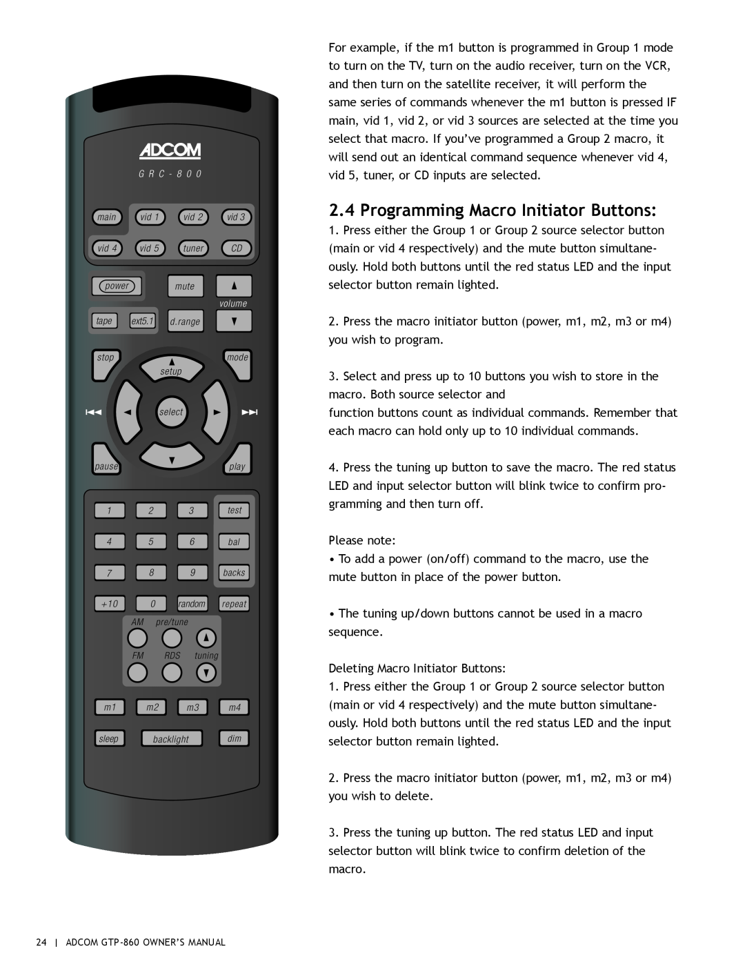 Adcom GTP-860 owner manual Programming Macro Initiator Buttons 