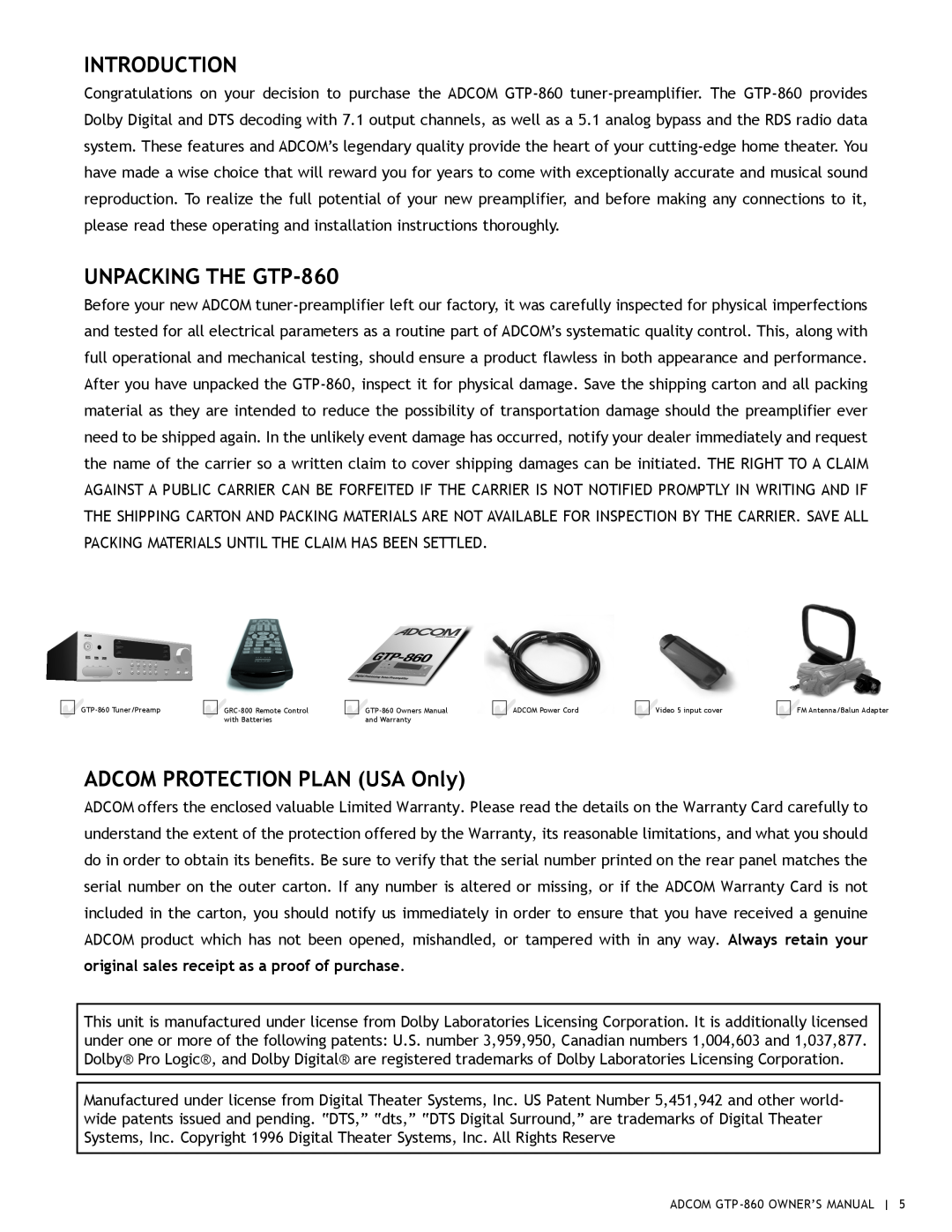 Adcom owner manual Introduction, UNPACKING THE GTP-860, ADCOM PROTECTION PLAN USA Only 