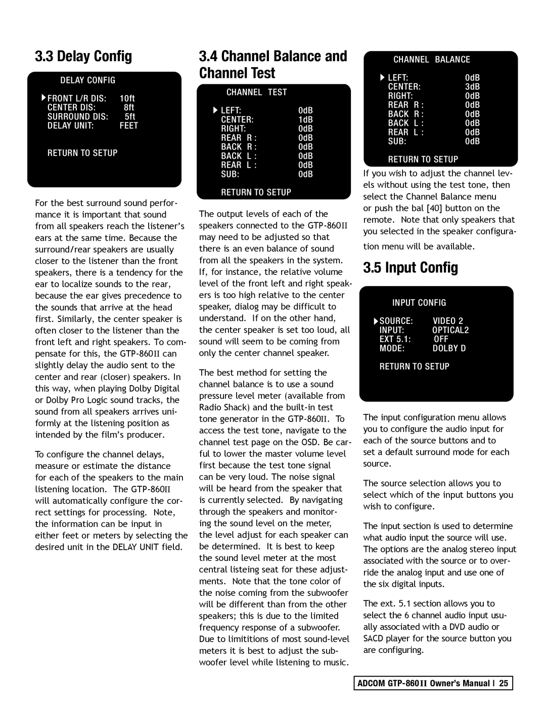 Adcom GTP-860II manual Delay Config, Input Config, Channel Balance and Channel Test 