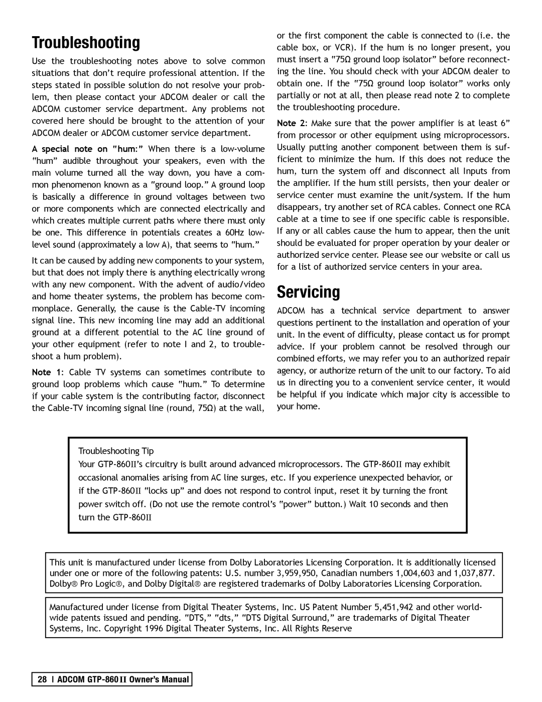 Adcom GTP-860II manual Troubleshooting, Servicing 