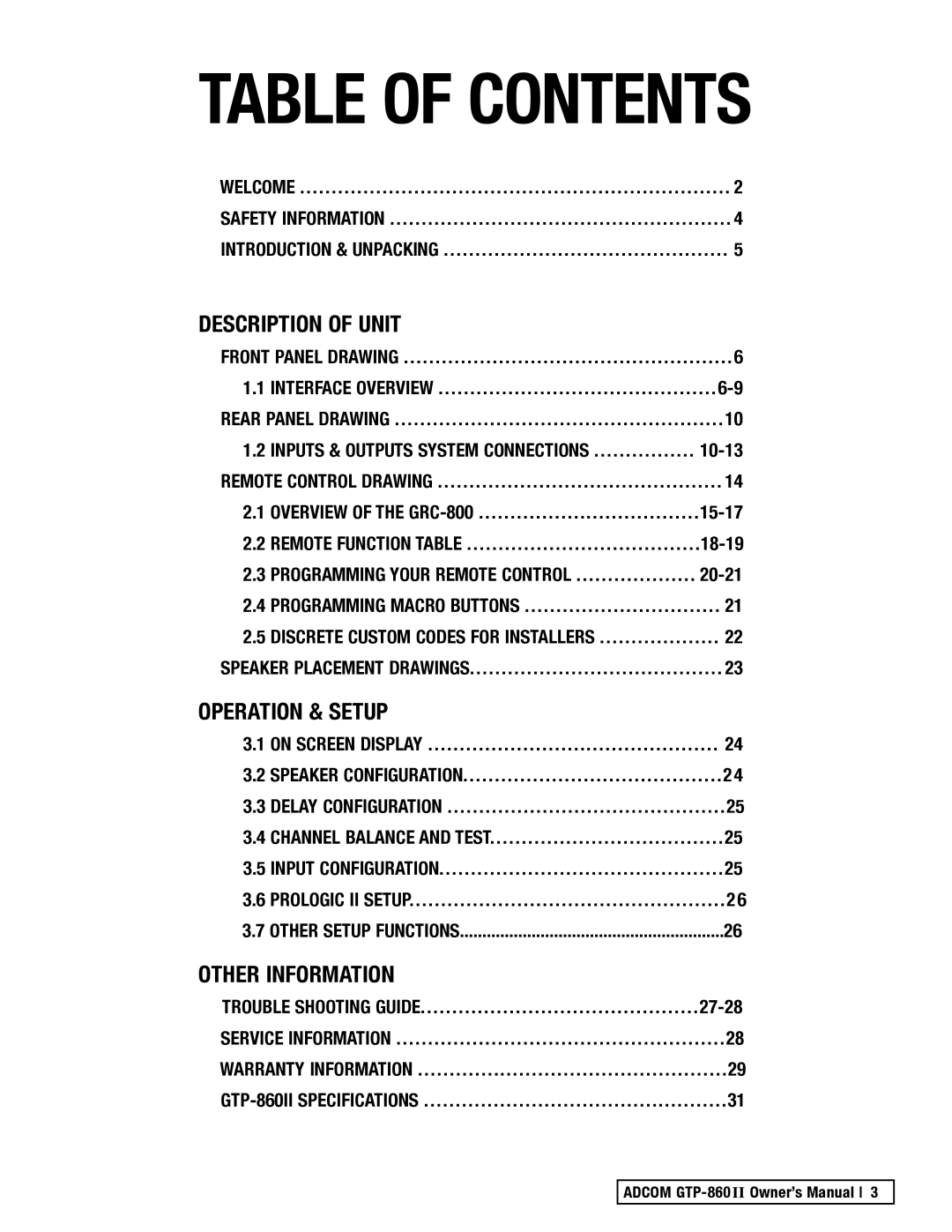 Adcom GTP-860II manual Table of Contents 