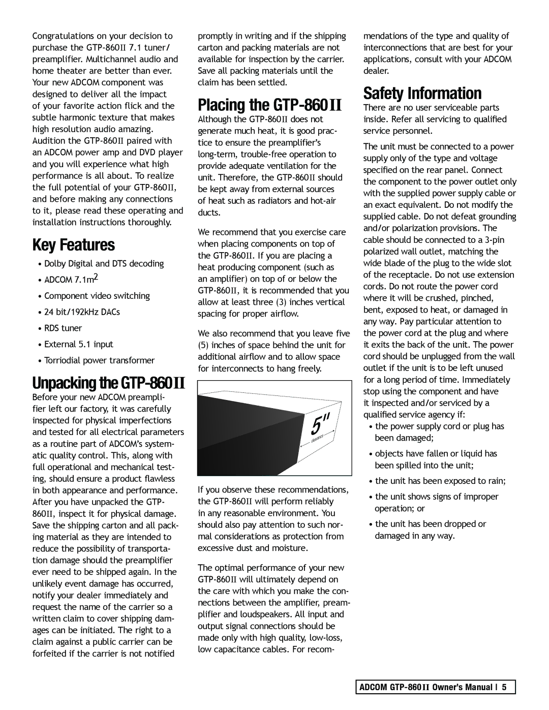 Adcom manual Key Features, Safety Information, Placing the GTP-860II, Unpacking the GTP-860II 