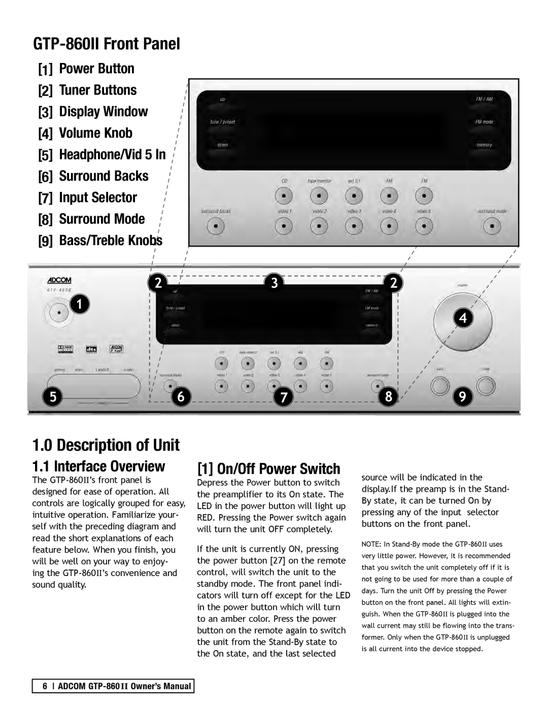 Adcom manual GTP-860II Front Panel, Interface Overview, Description of Unit 