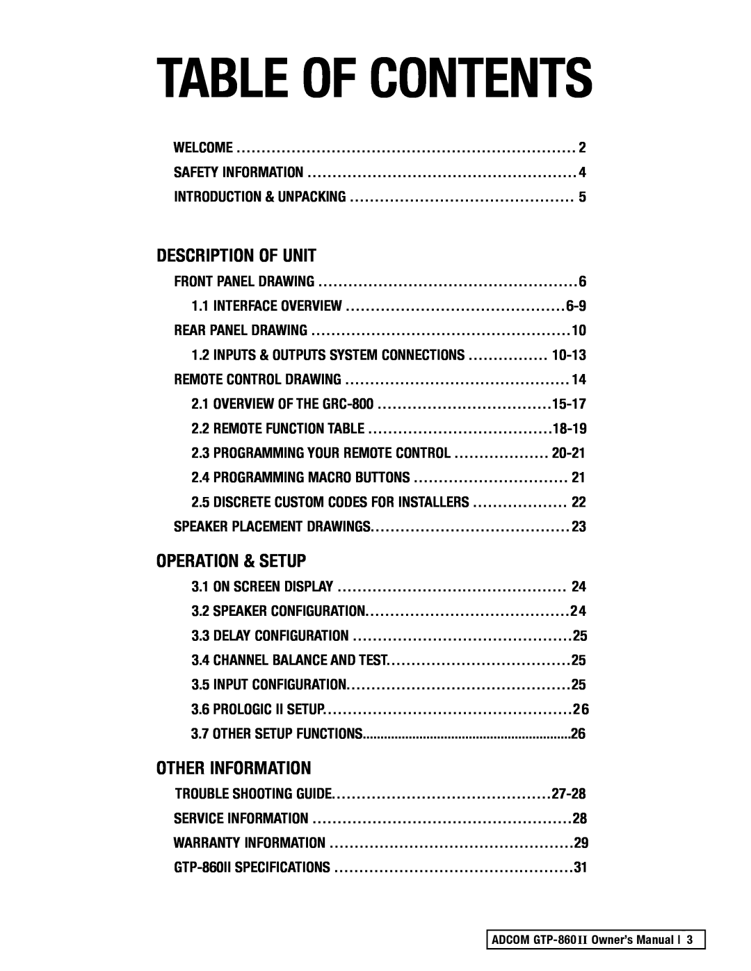 Adcom GTP-860II manual Description Of Unit, Operation & Setup, Other Information, Table Of Contents 