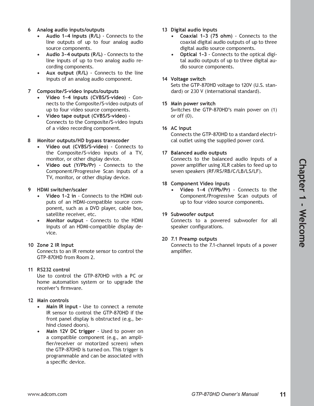Adcom GTP-870HD user manual Zone 2 IR input, 11 RS232 control, Main controls, Voltage switch, Main power switch, AC input 