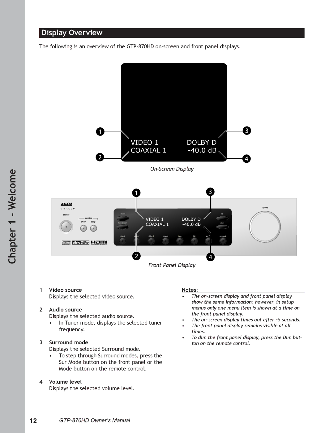 Adcom GTP-870HD user manual Display Overview, Video source, Audio source, Surround mode, Volume level 