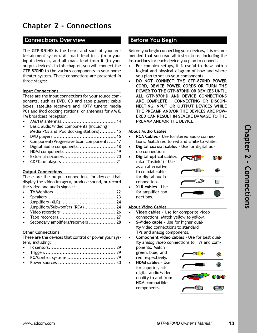 Adcom GTP-870HD user manual Connections Overview, Before You Begin 