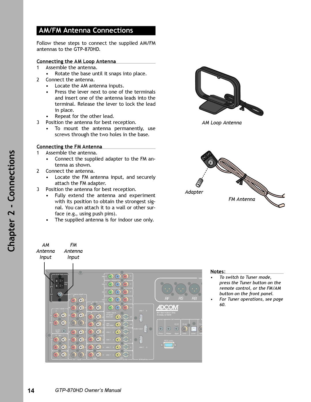 Adcom GTP-870HD AM/FM Antenna Connections, Connecting the AM Loop Antenna, Connecting the FM Antenna, Antenna Input 