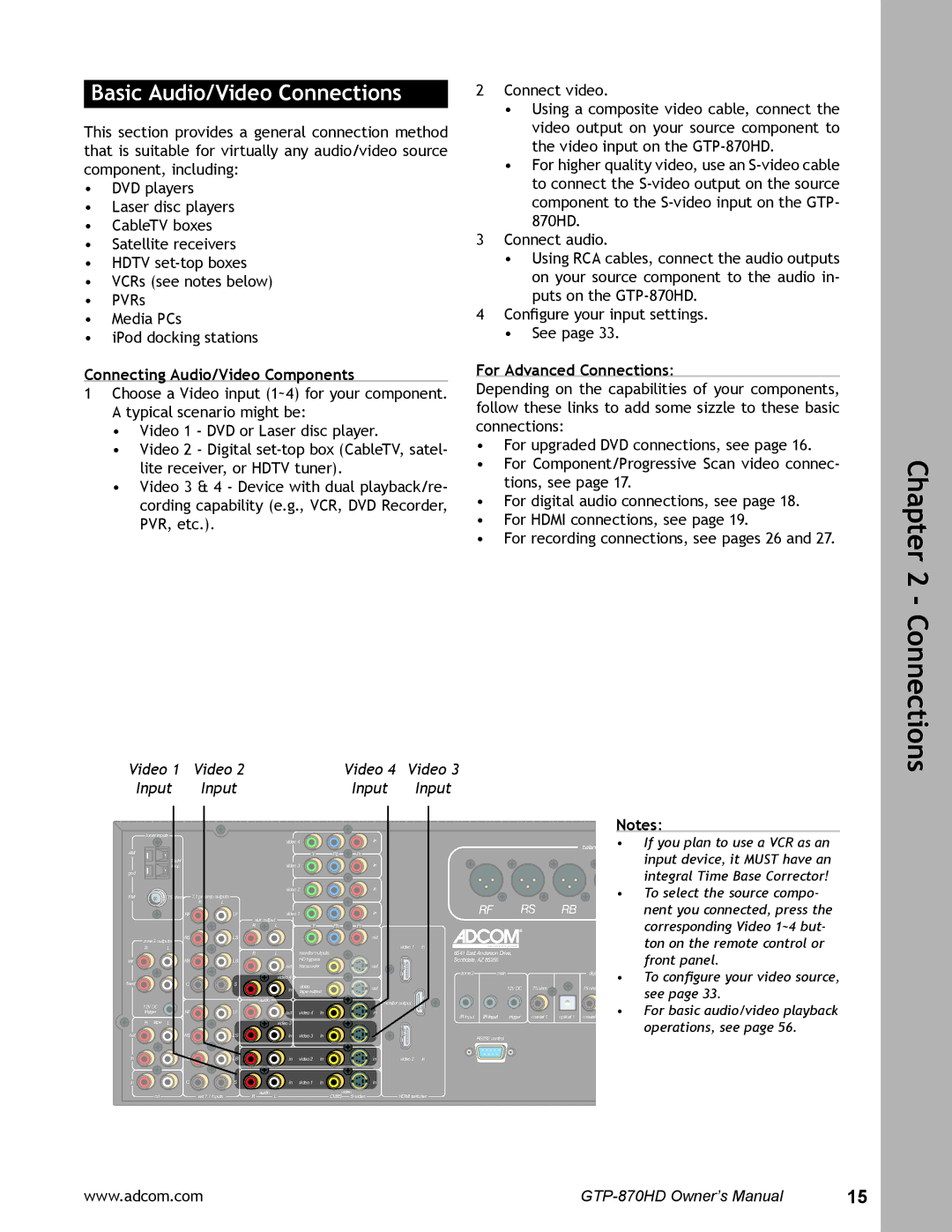 Adcom GTP-870HD Basic Audio/Video Connections, Connecting Audio/Video Components, For Advanced Connections, Video Input 