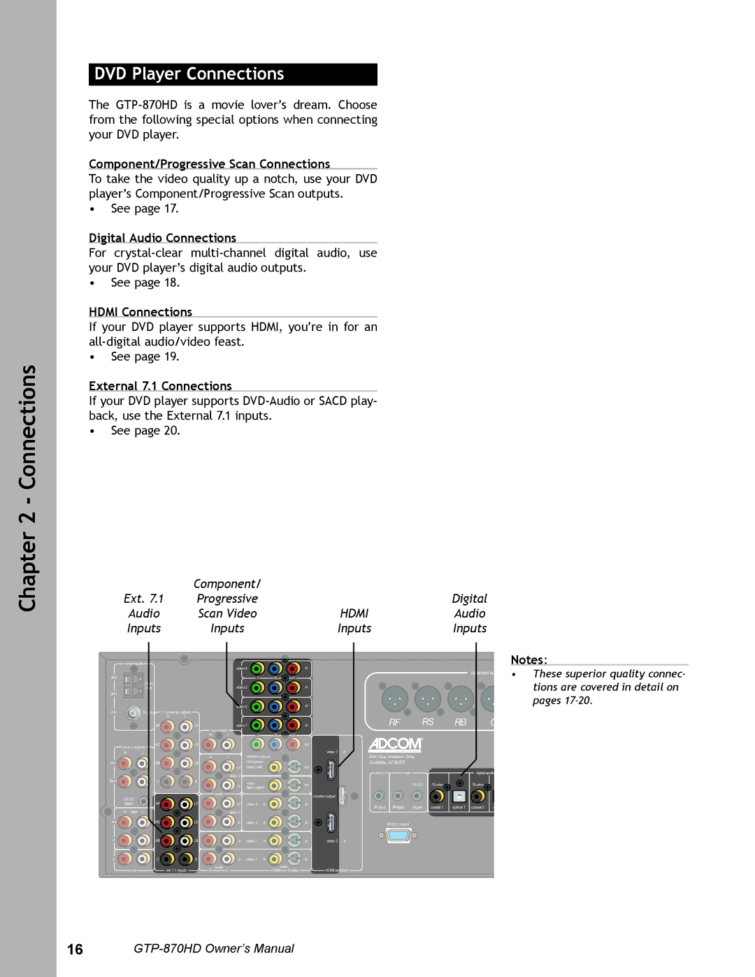 Adcom GTP-870HD user manual DVD Player Connections, Component/Progressive Scan Connections, Digital Audio Connections 