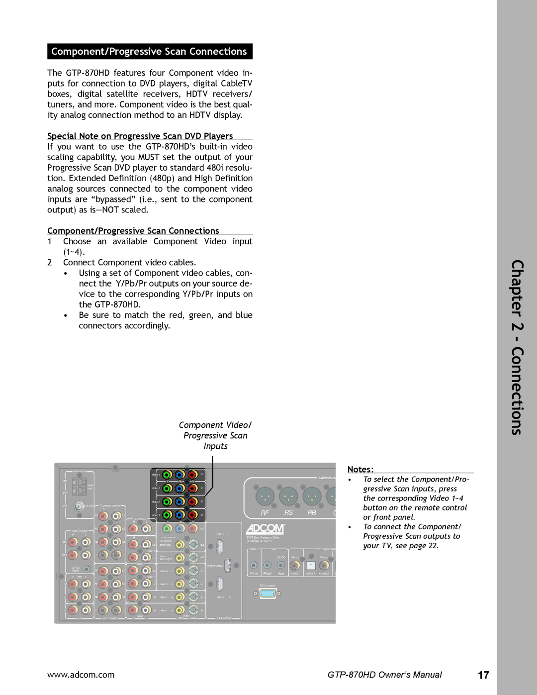 Adcom GTP-870HD user manual Component/Progressive Scan Connections, Special Note on Progressive Scan DVD Players 