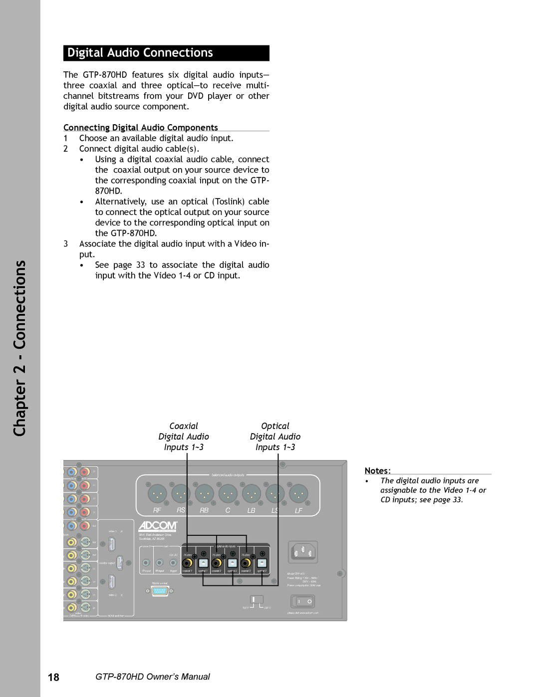 Adcom GTP-870HD user manual Digital Audio Connections, Connecting Digital Audio Components, Coaxial Optical Digital Audio 