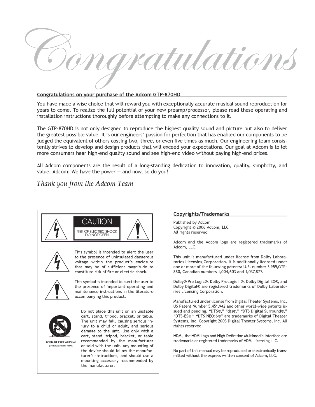 Adcom user manual Congratulations on your purchase of the Adcom GTP-870HD, Copyrights/Trademarks 