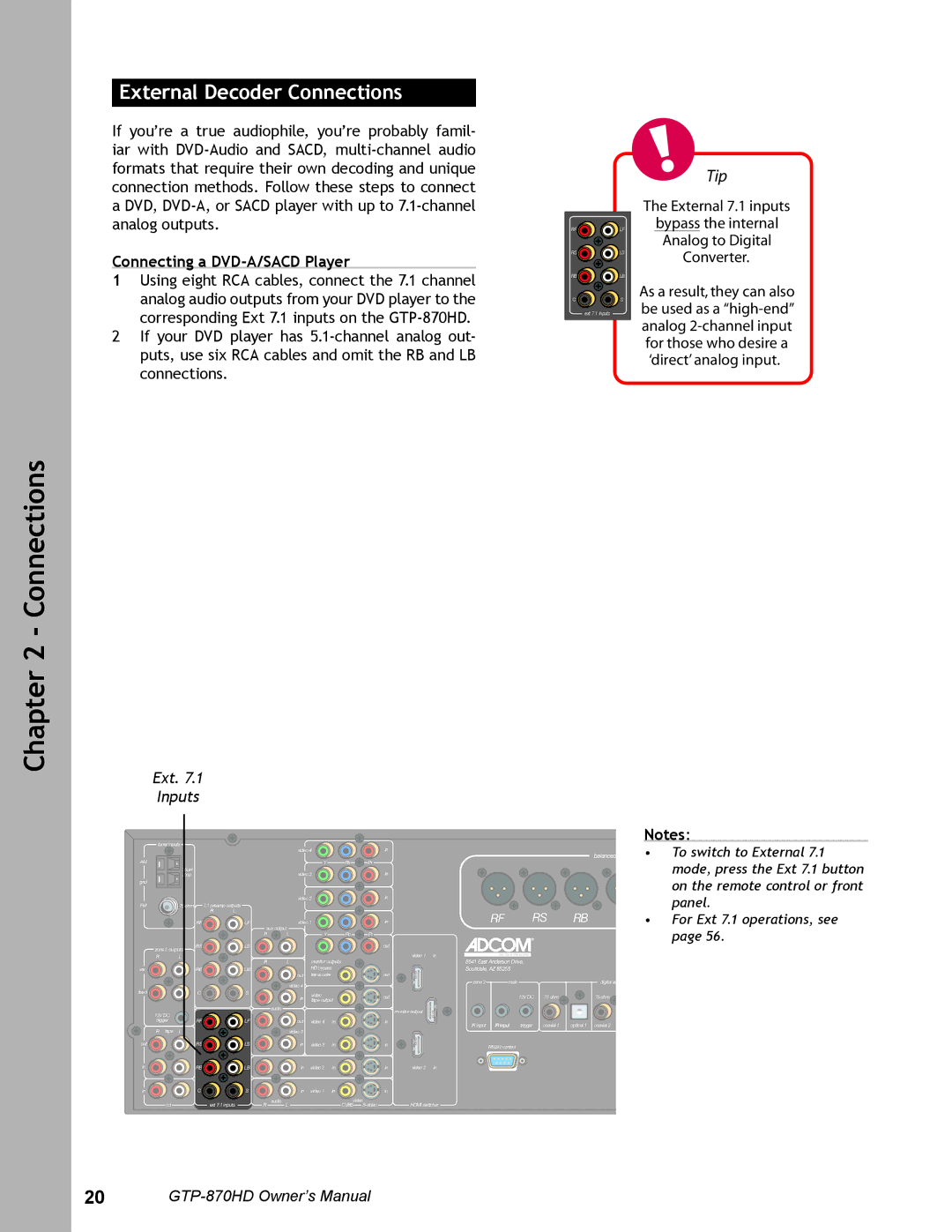 Adcom GTP-870HD user manual External Decoder Connections, Connecting a DVD-A/SACD Player 