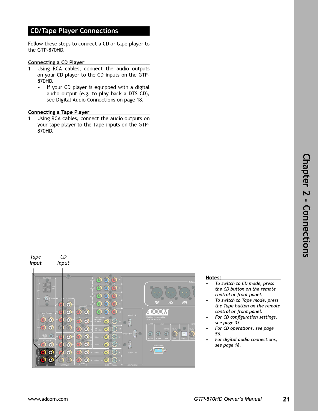 Adcom GTP-870HD user manual Connecting a CD Player, Connecting a Tape Player, Tape Input 