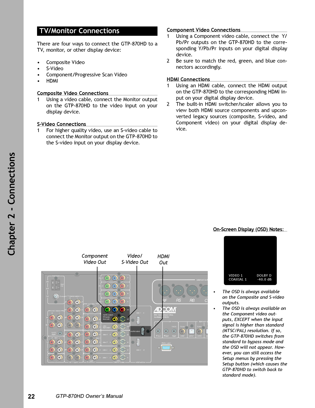 Adcom GTP-870HD user manual TV/Monitor Connections, Composite Video Connections, Component Video Connections 