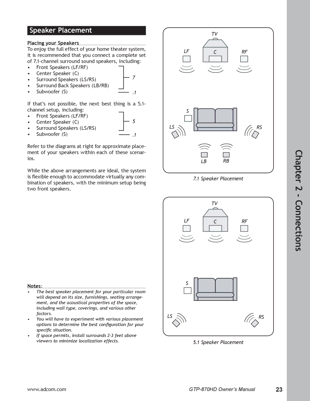 Adcom GTP-870HD user manual Speaker Placement, Placing your Speakers 