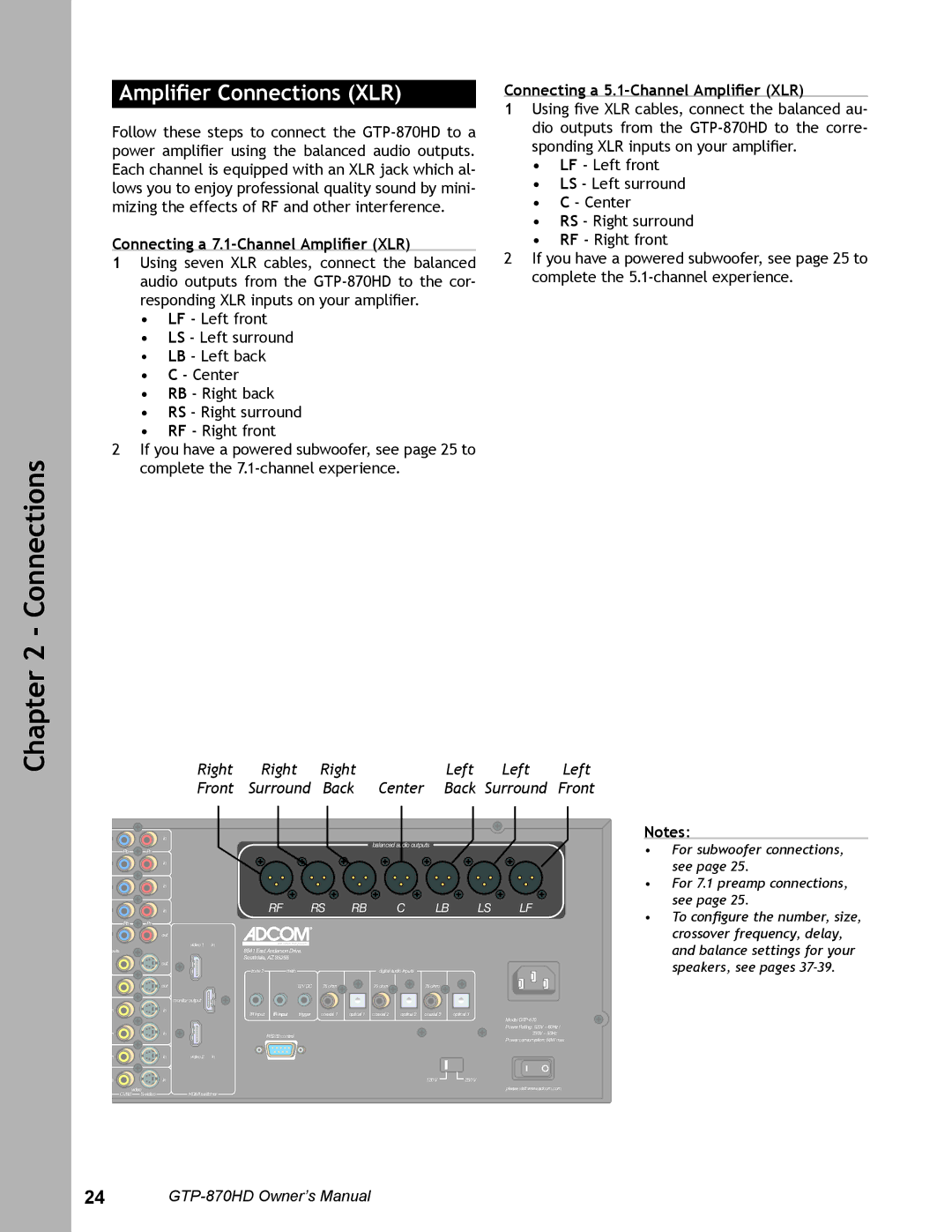 Adcom GTP-870HD Ampliﬁer Connections XLR, Connecting a 7.1-Channel Ampliﬁer XLR, Connecting a 5.1-Channel Ampliﬁer XLR 