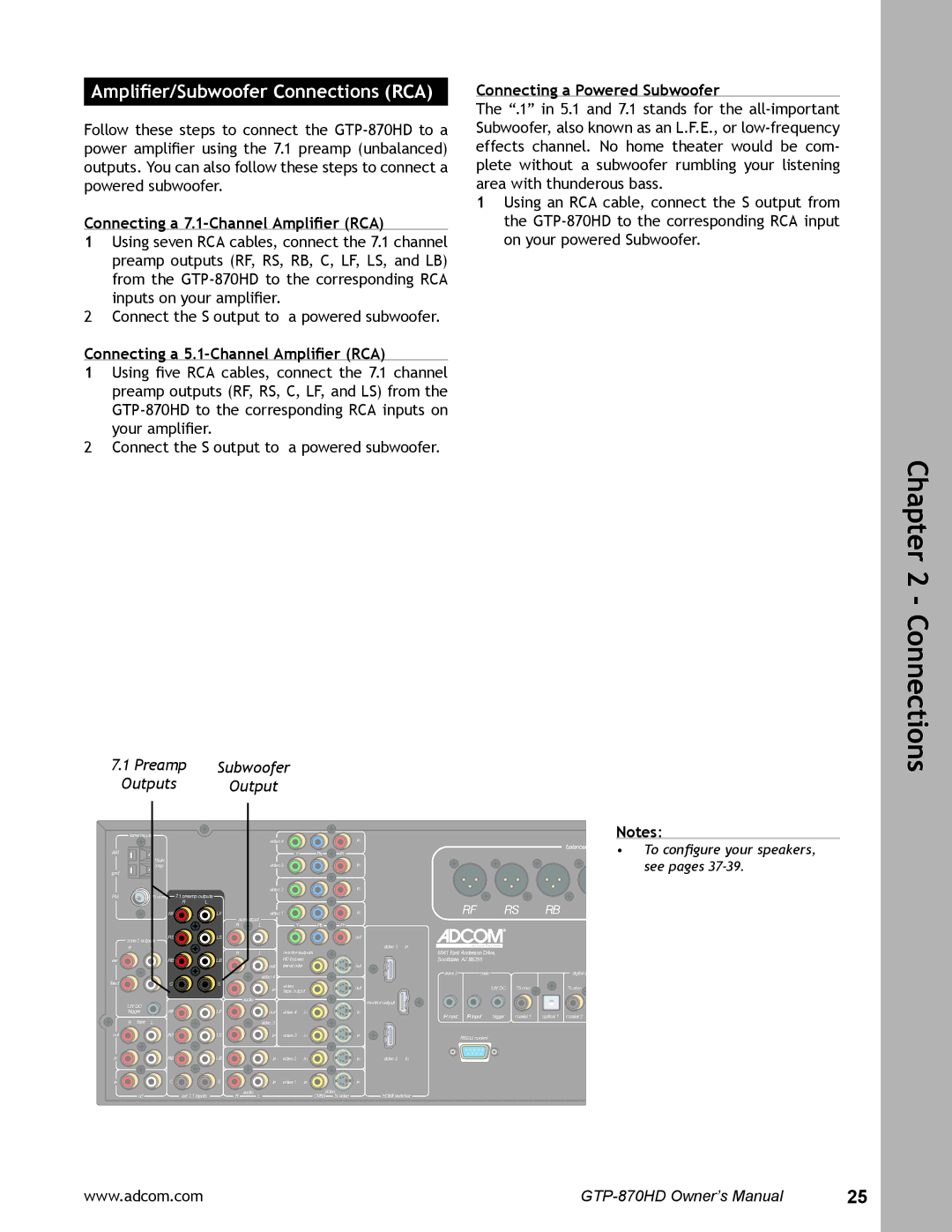 Adcom GTP-870HD Connecting a 7.1-Channel Ampliﬁer RCA, Connecting a 5.1-Channel Ampliﬁer RCA, Preamp Subwoofer Outputs 