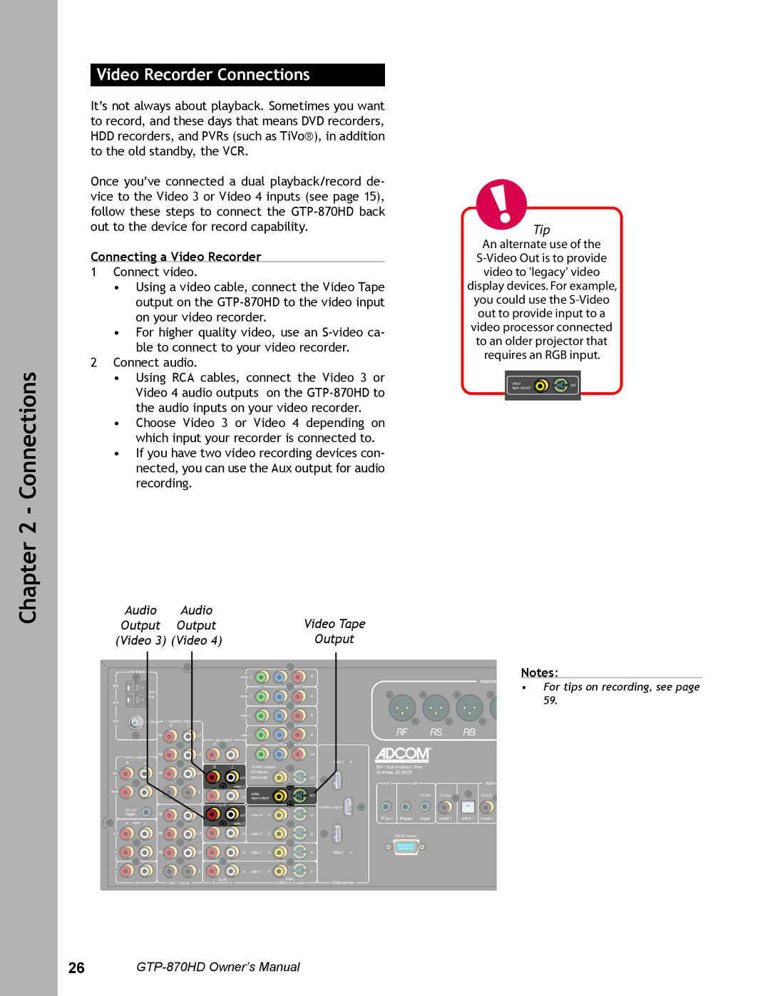 Adcom GTP-870HD user manual Connecting a Video Recorder, Audio, Output Video 3 Video 