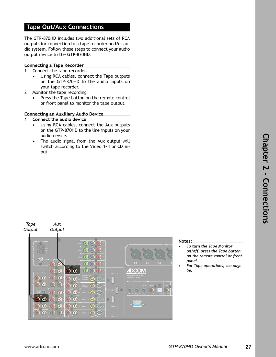 Adcom GTP-870HD user manual Tape Out/Aux Connections, Connecting a Tape Recorder, Tape Aux Output 