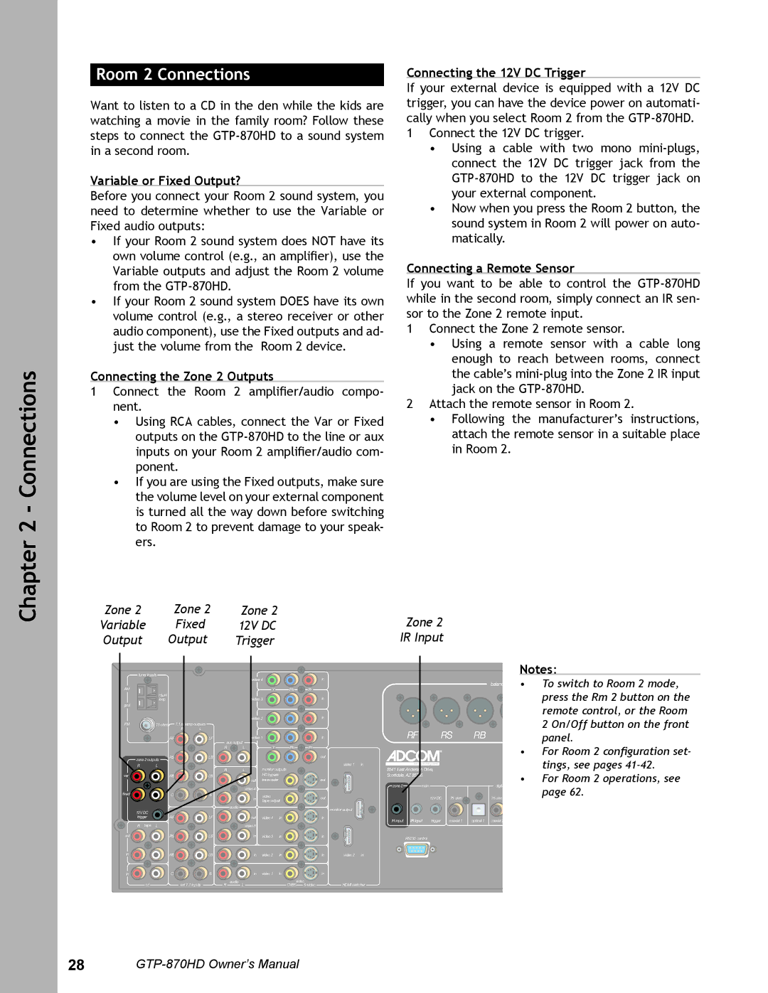 Adcom GTP-870HD user manual Variable or Fixed Output?, Connecting the Zone 2 Outputs, Connecting the 12V DC Trigger 