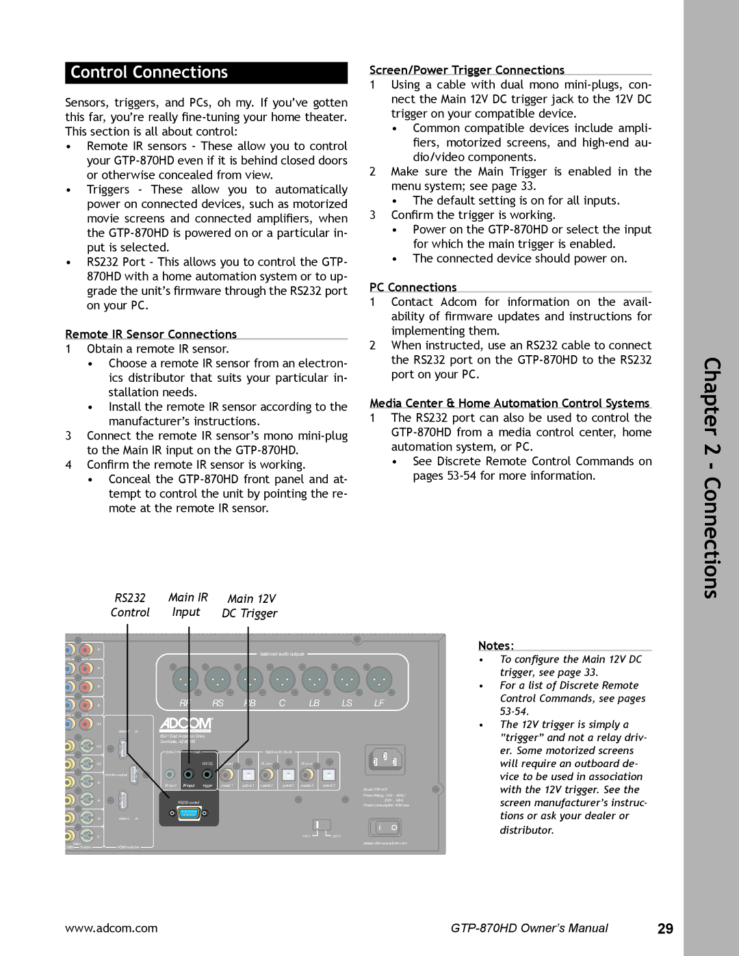 Adcom GTP-870HD Control Connections, Remote IR Sensor Connections, Screen/Power Trigger Connections, PC Connections 