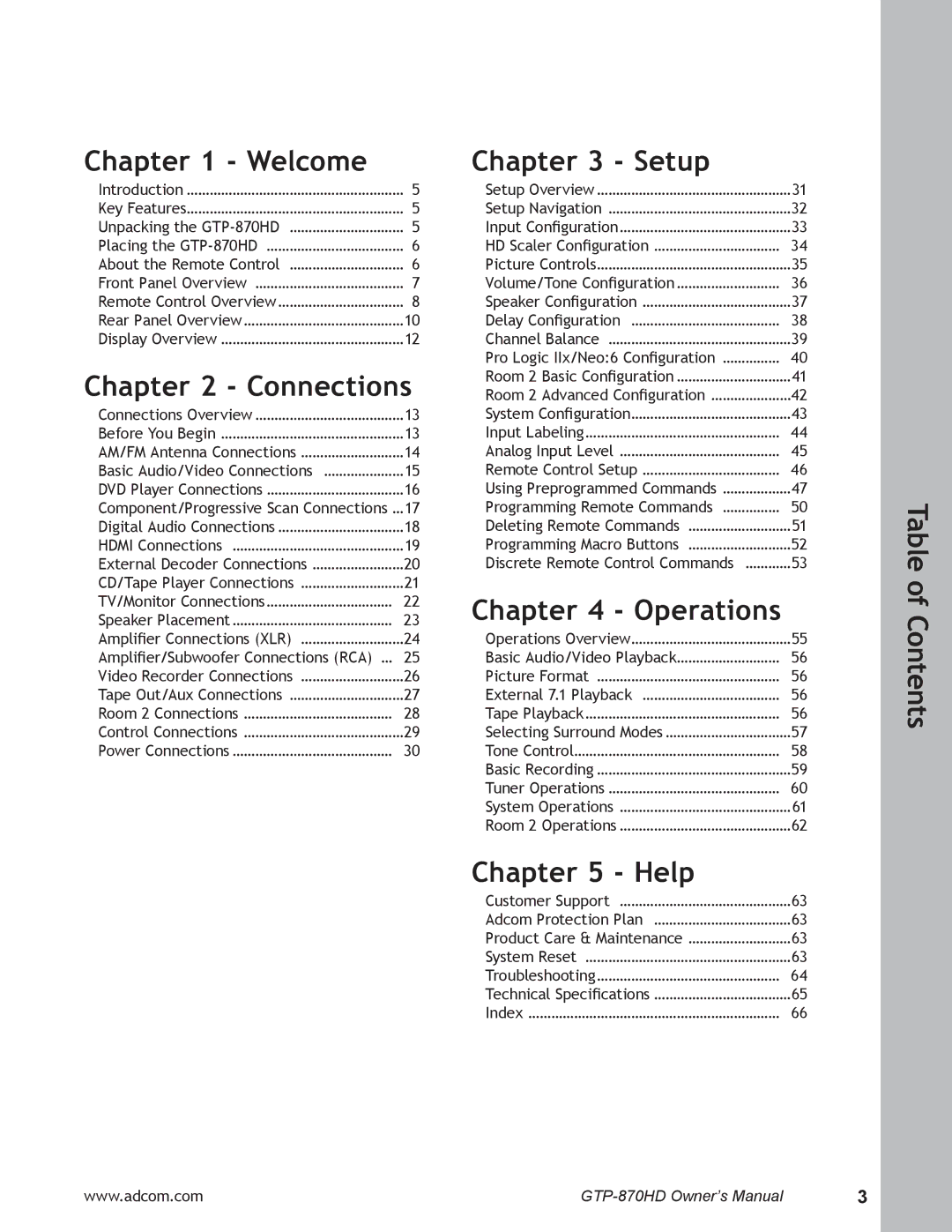 Adcom GTP-870HD user manual Table of Contents 