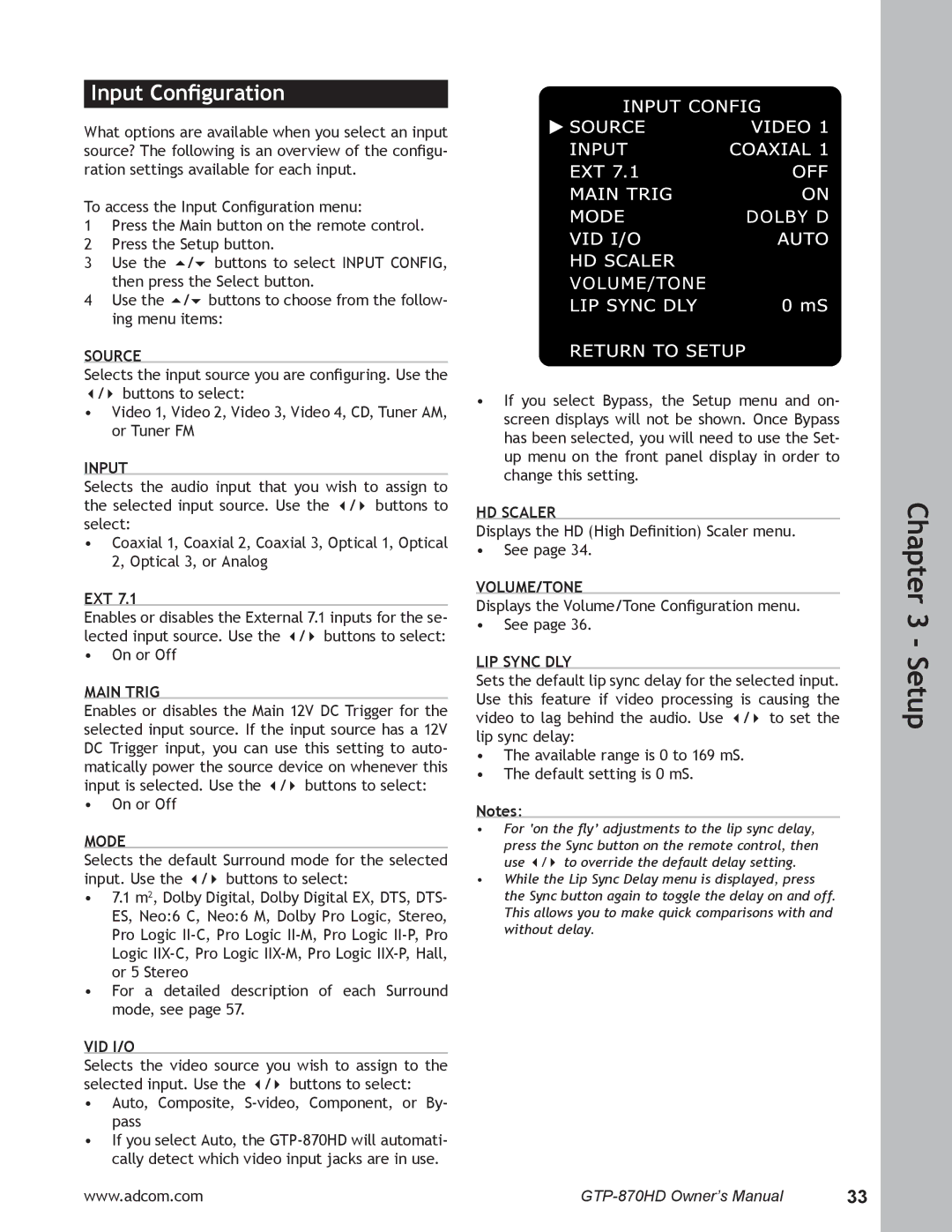 Adcom GTP-870HD user manual Input Conﬁguration 