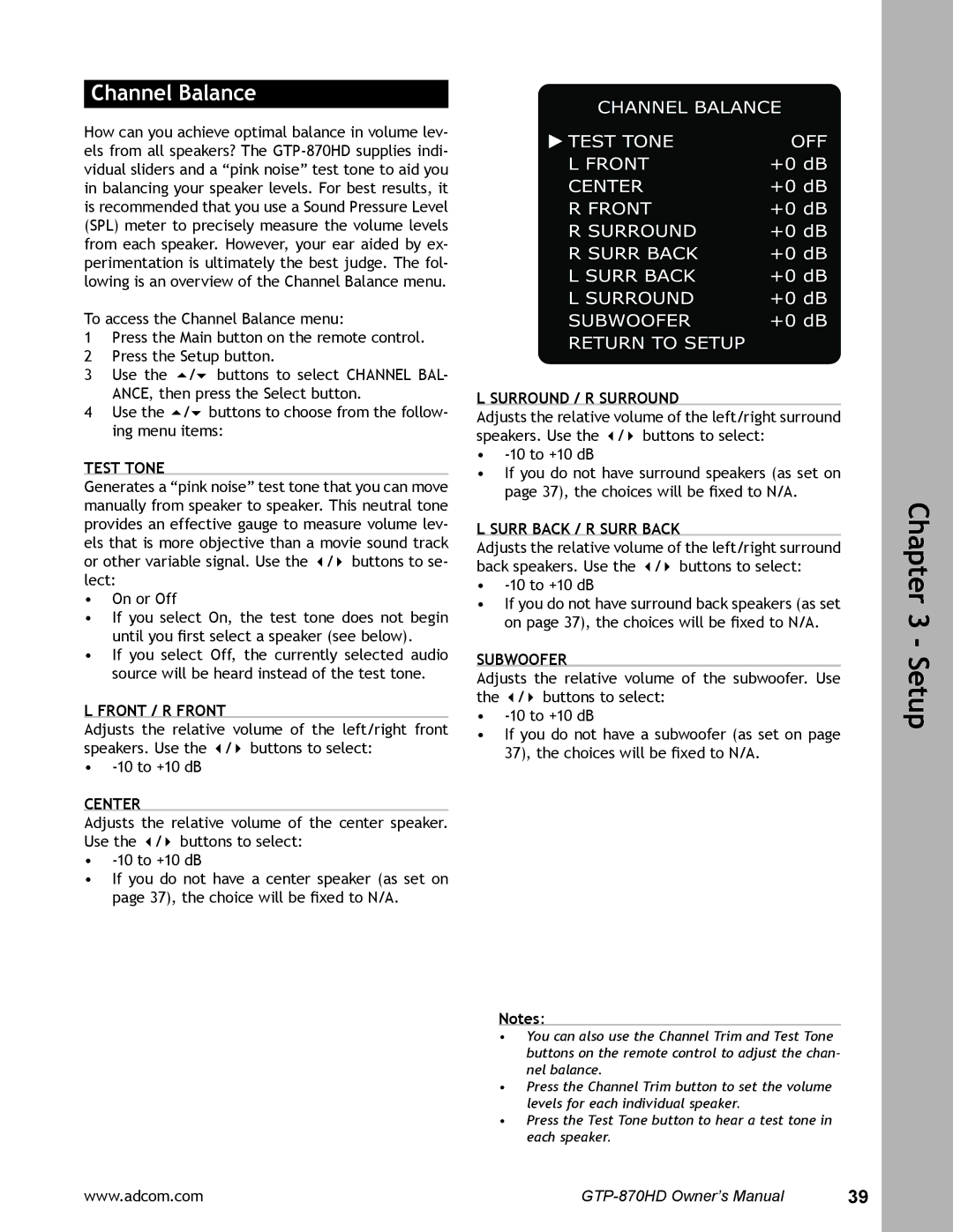 Adcom GTP-870HD user manual Channel Balance, Test Tone, Front / R Front, Surround / R Surround, Surr Back / R Surr Back 