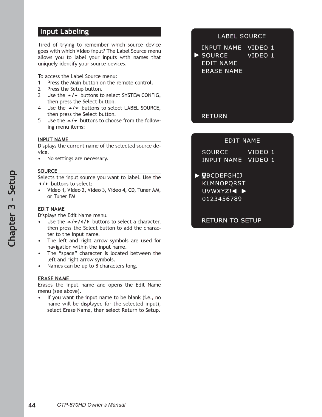 Adcom GTP-870HD user manual Input Labeling, Input Name, Edit Name, Erase Name 