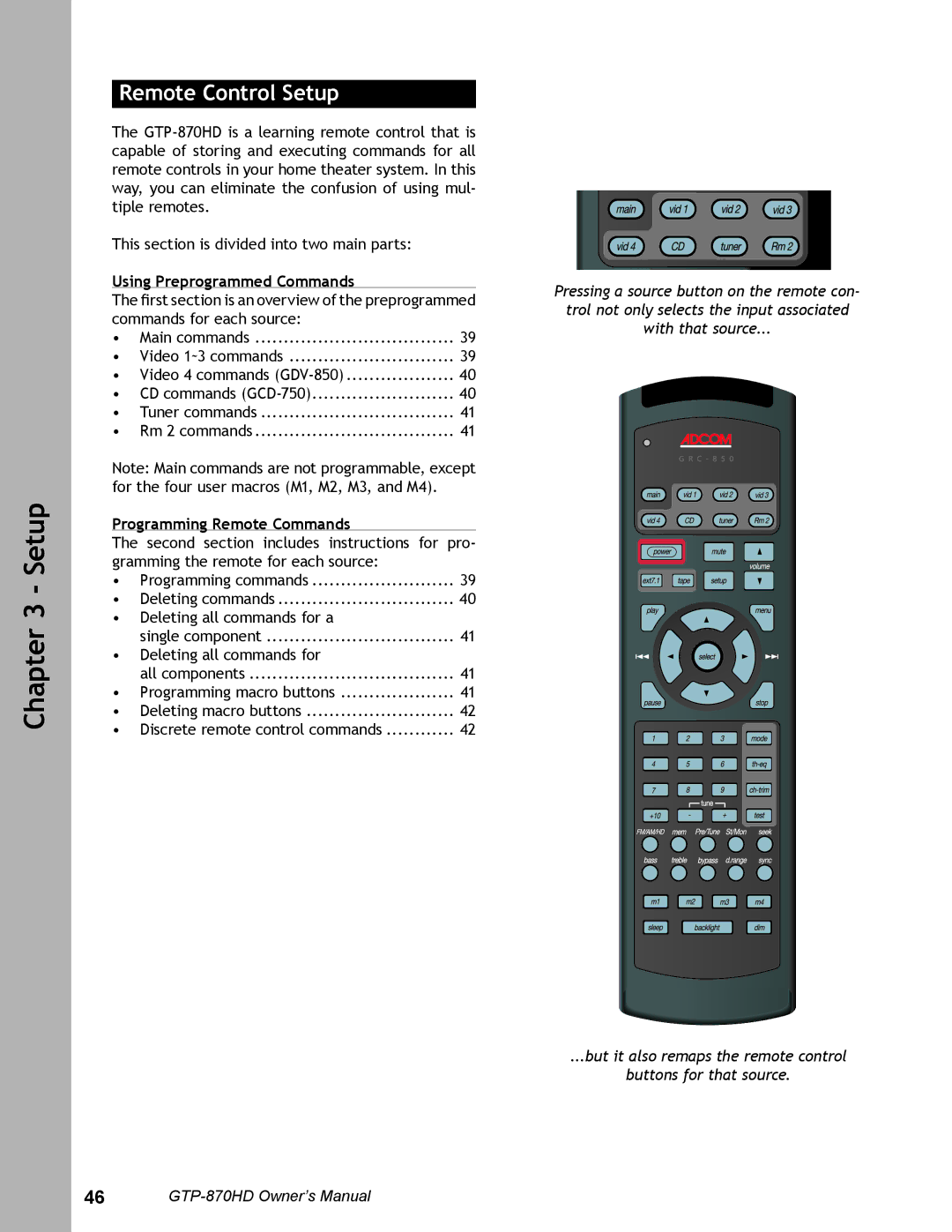 Adcom GTP-870HD user manual Remote Control Setup, Using Preprogrammed Commands, Programming Remote Commands 