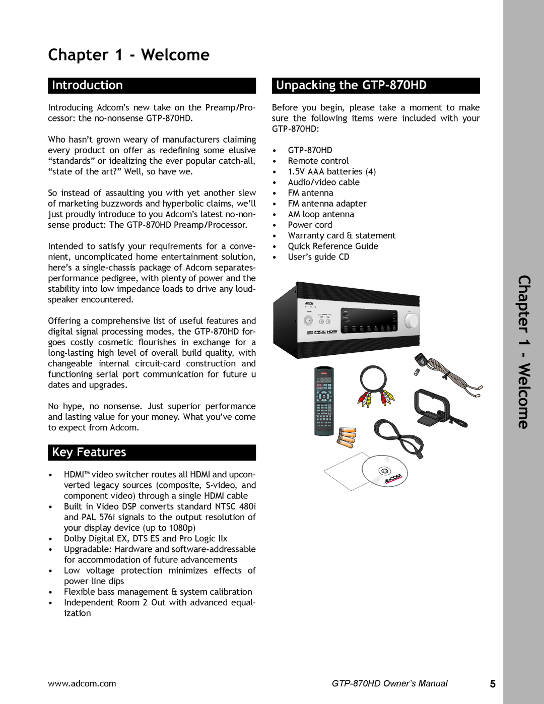 Adcom user manual Introduction, Key Features, Unpacking the GTP-870HD 