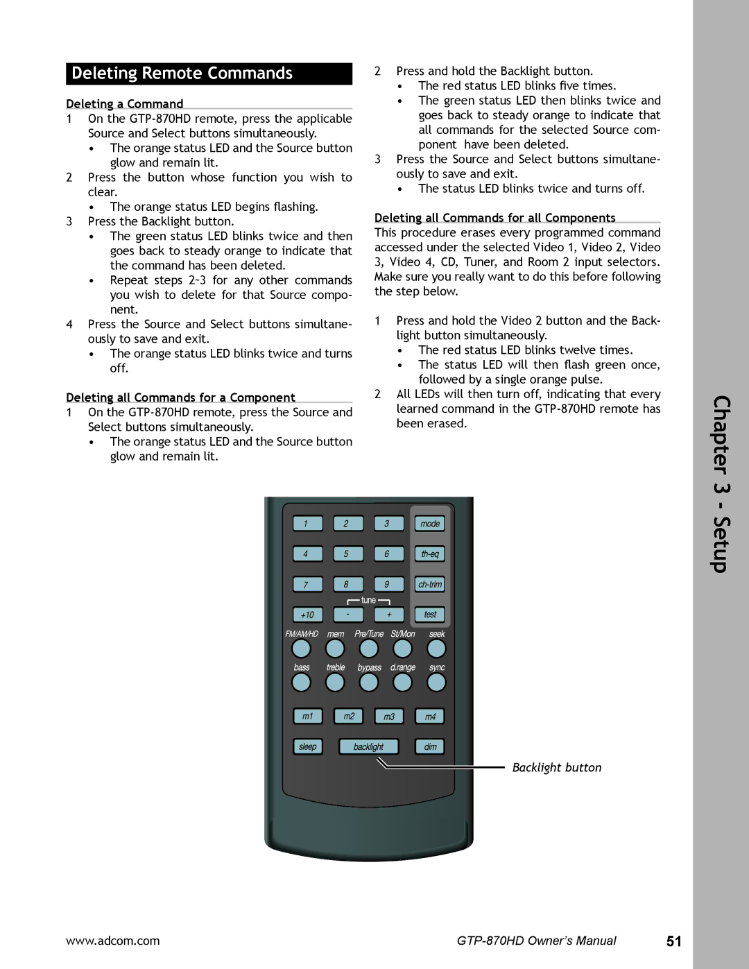 Adcom GTP-870HD user manual Deleting Remote Commands, Deleting a Command, Deleting all Commands for a Component 