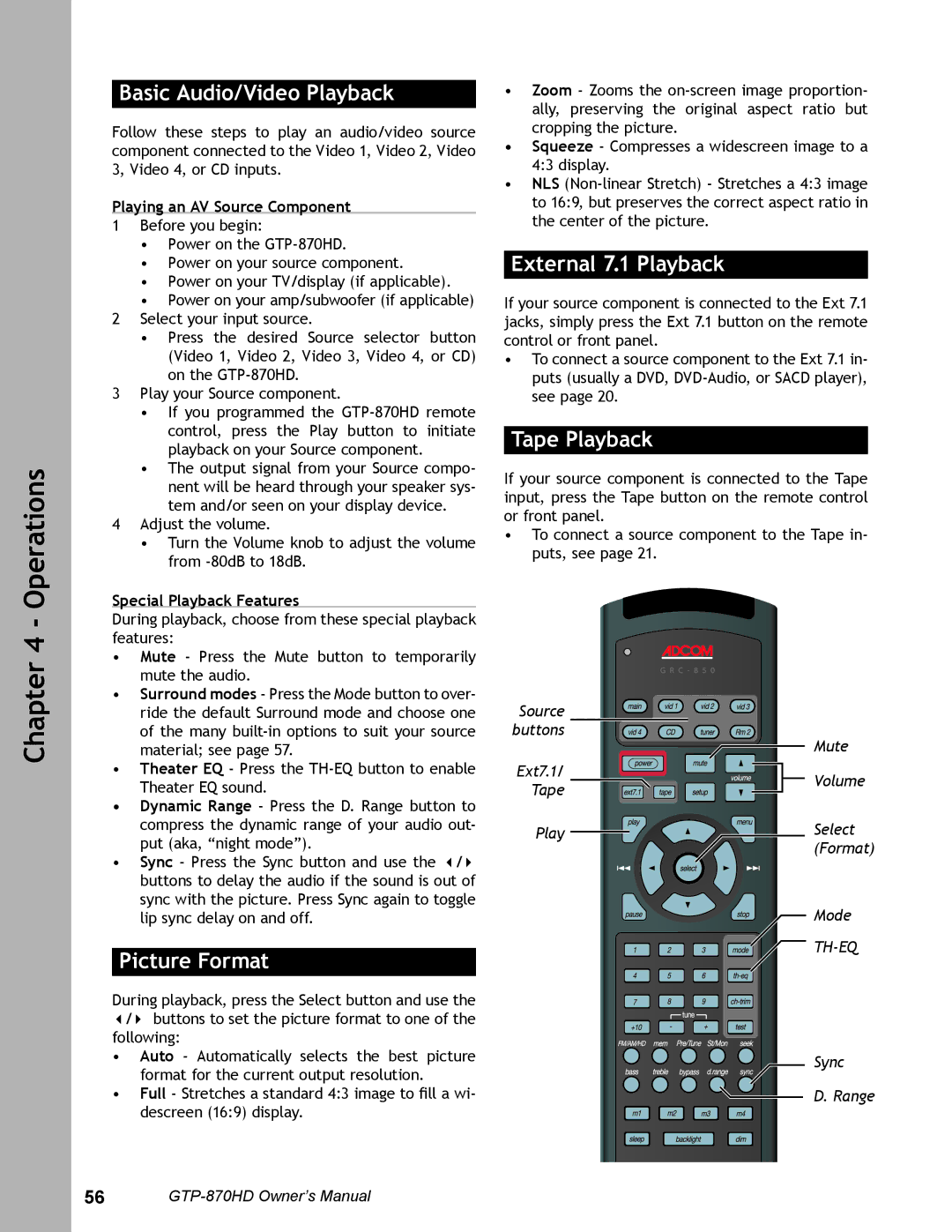 Adcom GTP-870HD user manual Basic Audio/Video Playback, Picture Format, External 7.1 Playback, Tape Playback 