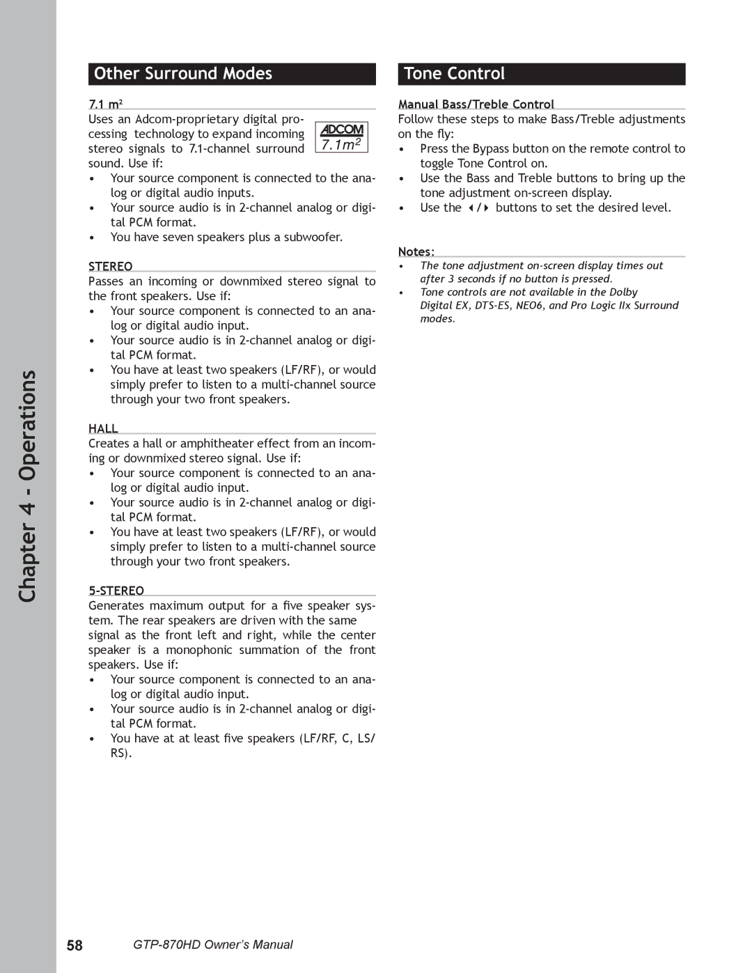 Adcom GTP-870HD user manual Other Surround Modes, Tone Control, Stereo, Hall, Manual Bass/Treble Control 