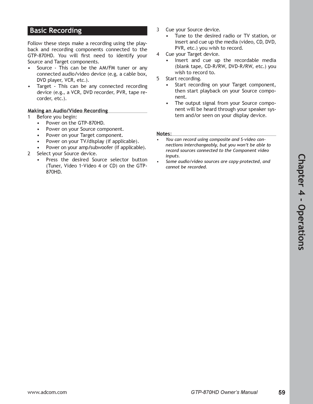 Adcom GTP-870HD user manual Basic Recording, Making an Audio/Video Recording 