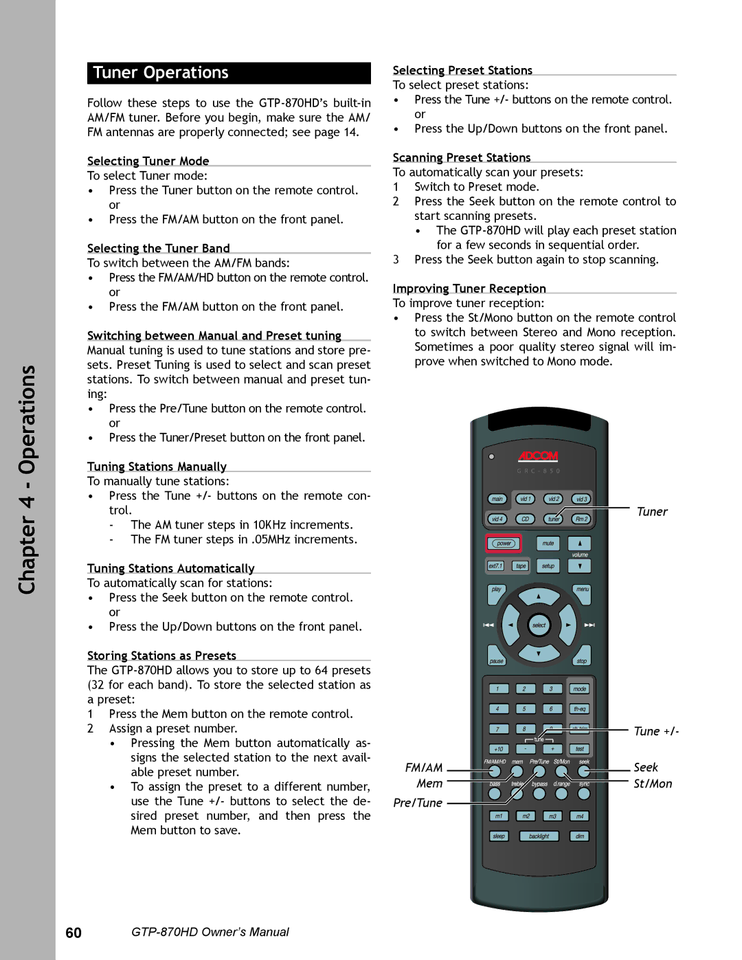 Adcom GTP-870HD user manual Tuner Operations 