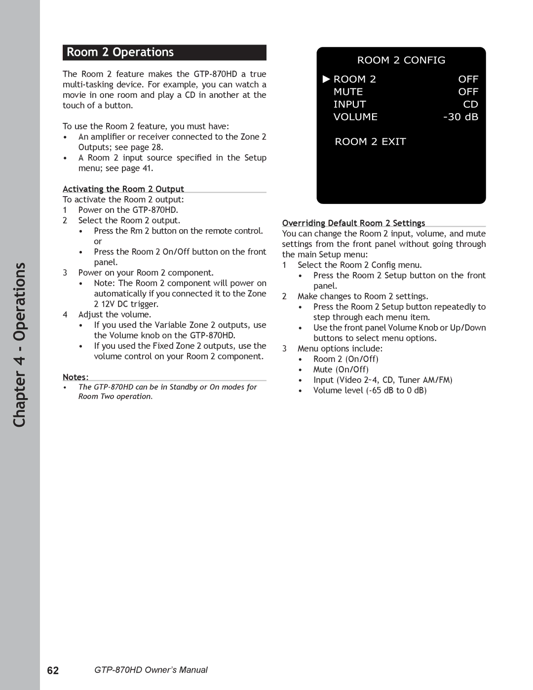 Adcom GTP-870HD user manual Room 2 Operations, Activating the Room 2 Output, Overriding Default Room 2 Settings 