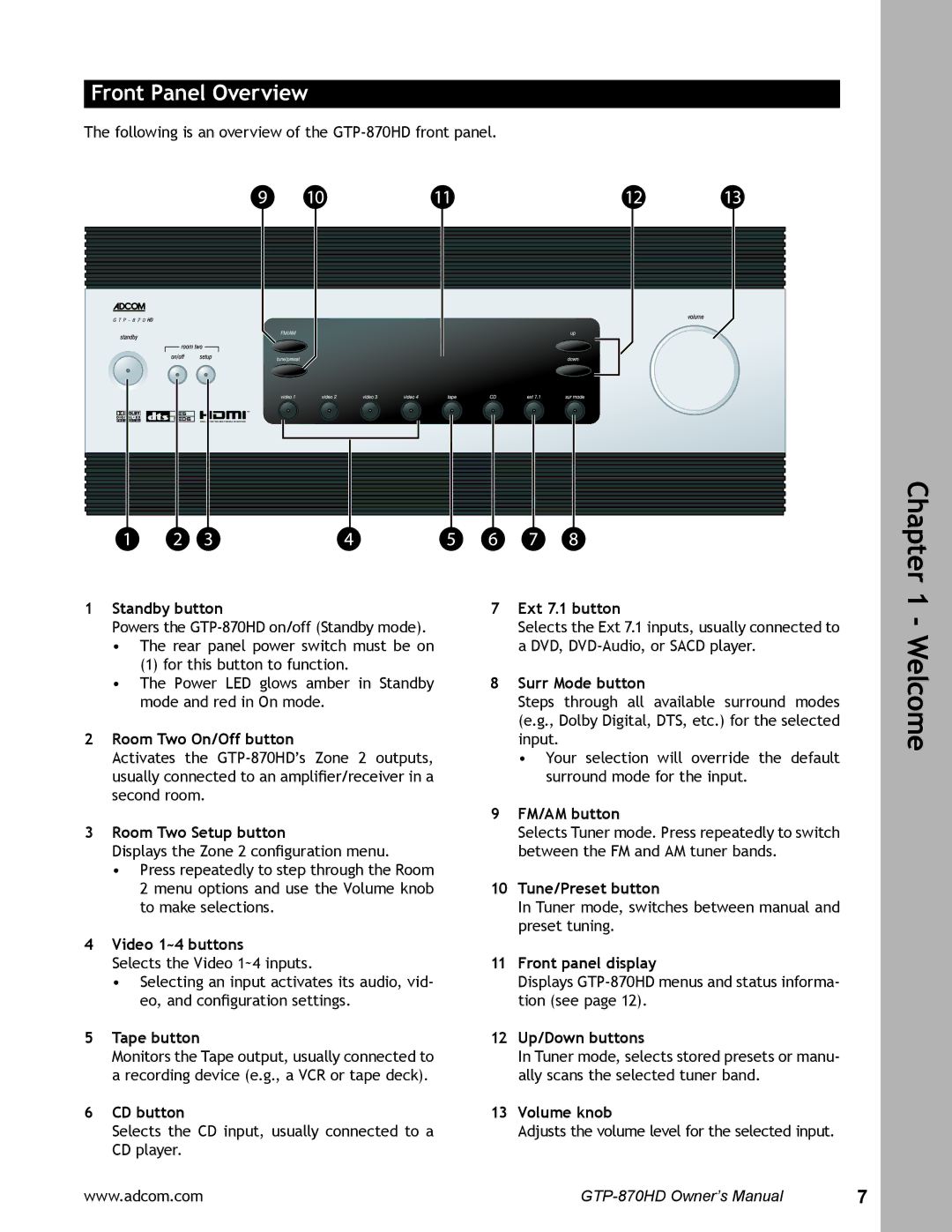 Adcom GTP-870HD user manual Front Panel Overview 