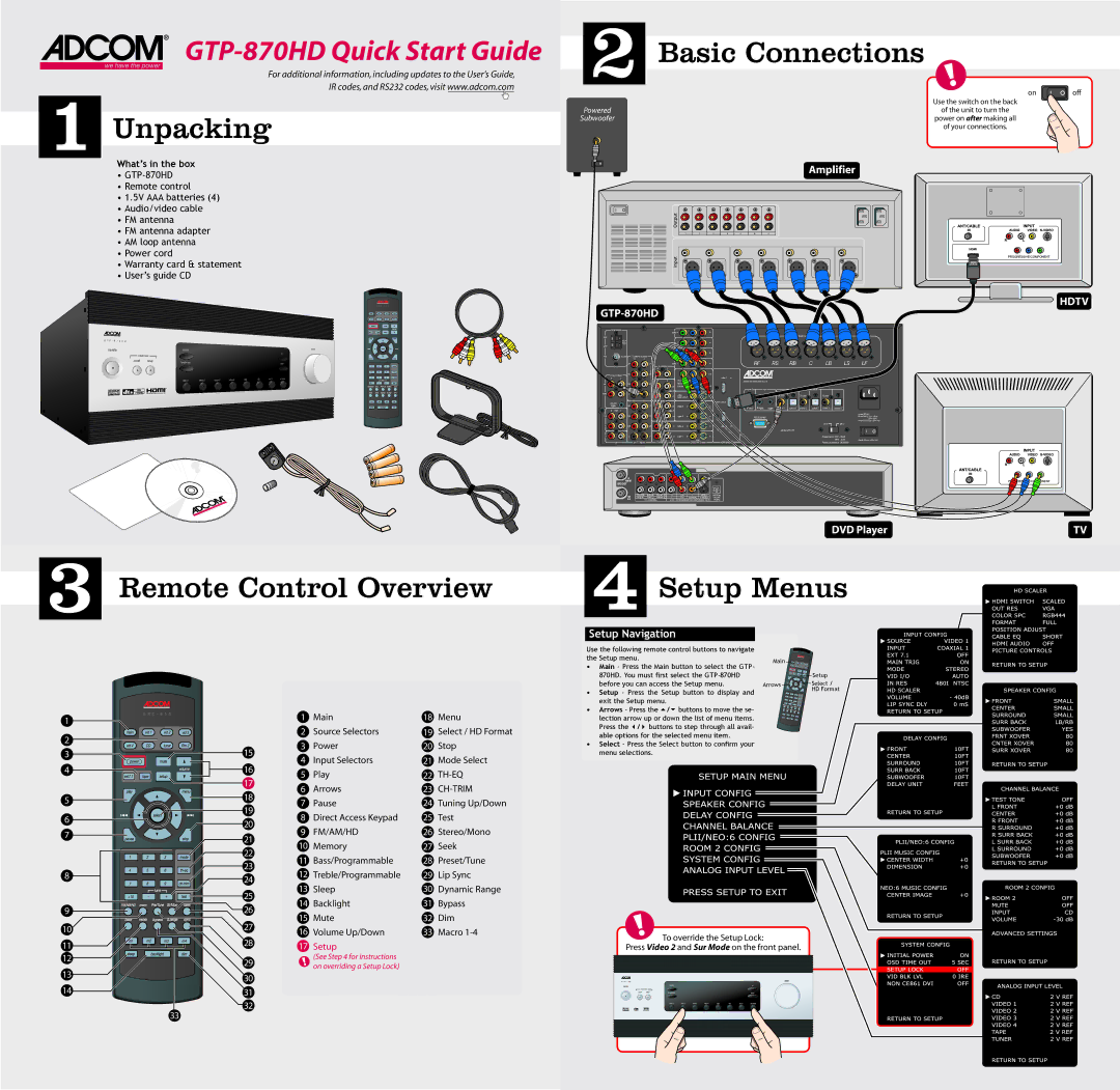 Adcom GTP-870HD quick start Unpacking, Basic Connections, Remote Control Overview, Setup Menus 