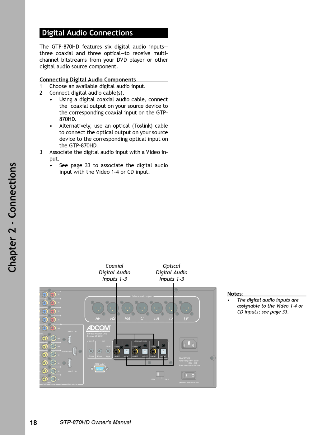 Adcom GTP-870HD user manual Digital Audio Connections, Connecting Digital Audio Components, Coaxial, Optical, Notes 