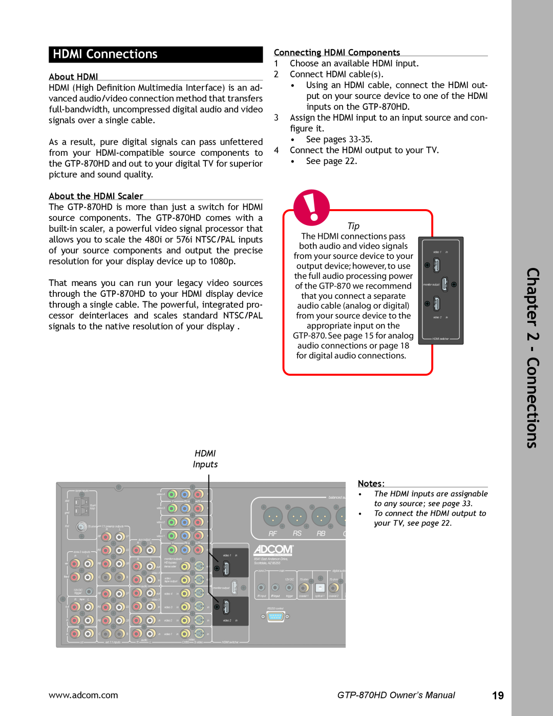 Adcom GTP-870HD user manual HDMI Connections, About HDMI, About the HDMI Scaler, HDMI Inputs, Connecting HDMI Components 