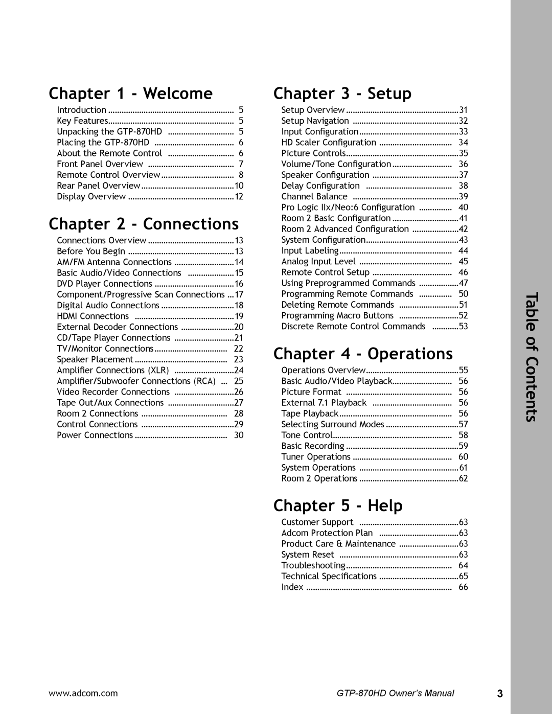 Adcom user manual Welcome, Connections, Setup, Operations, Help, Table of Contents, GTP-870HDOwner’s Manual 